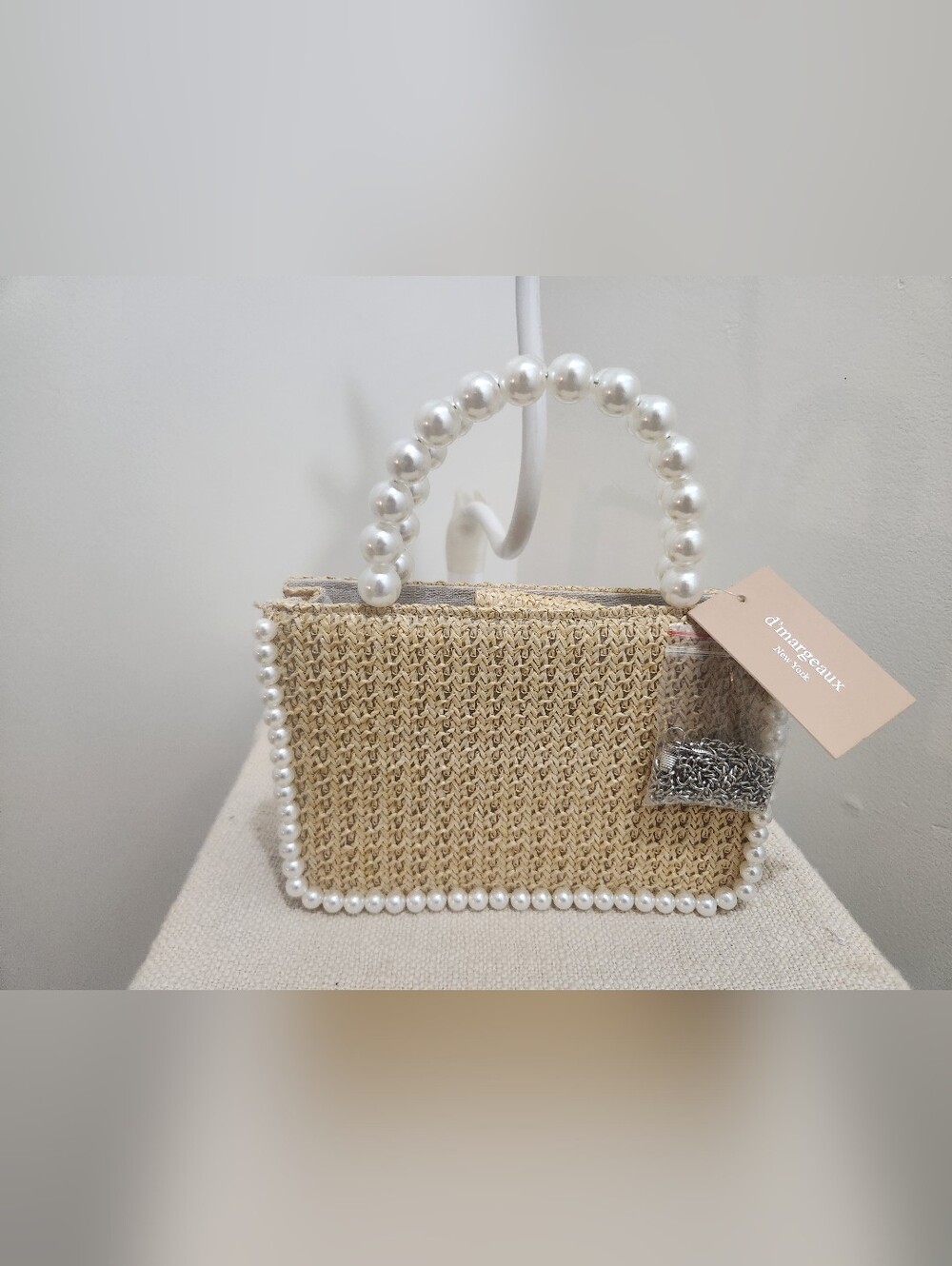 Pearl-Trim Straw Tote Bag in Cream